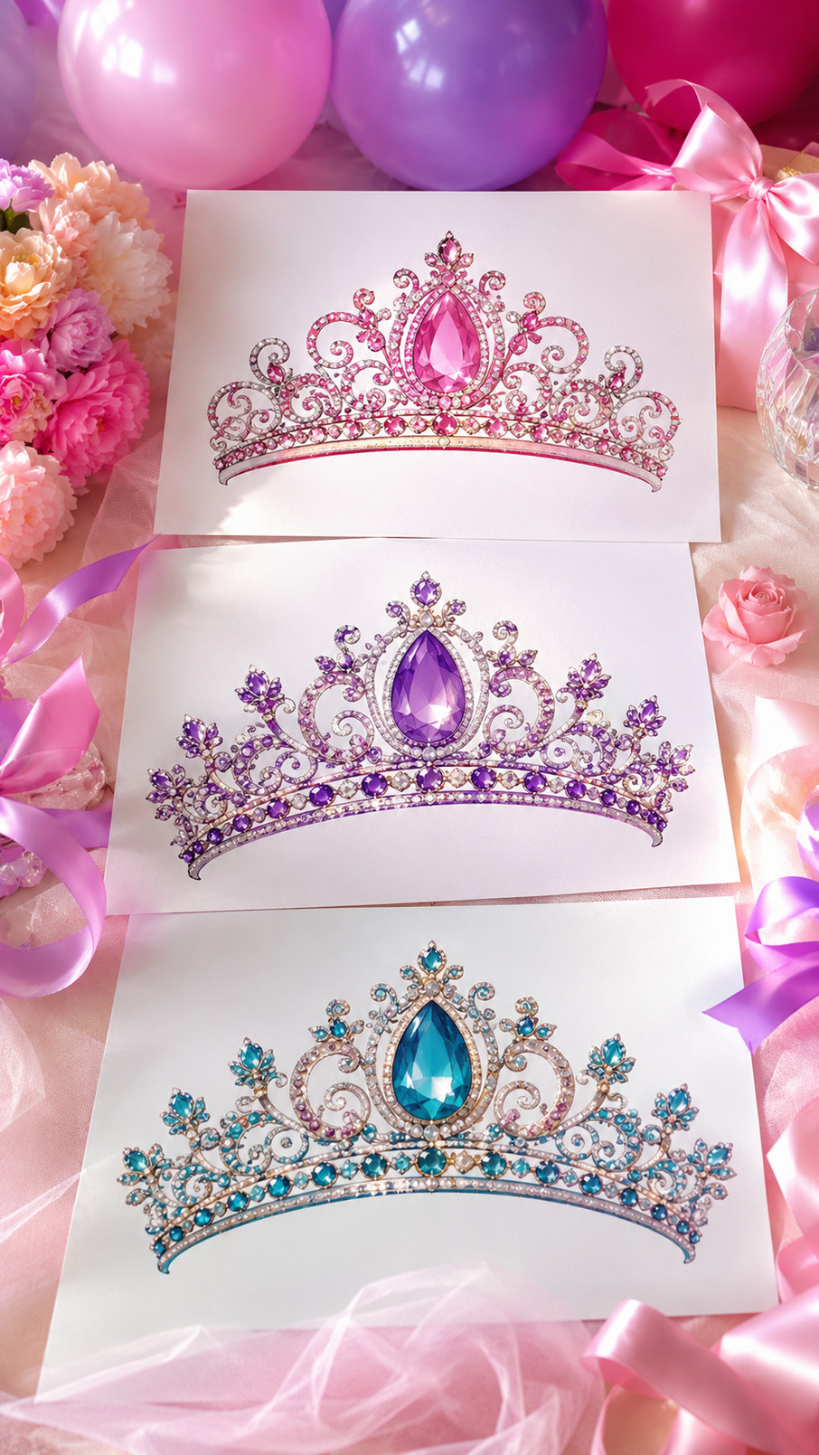 A pearl tiara printable art design with blush gemstones, golden details, watercolor ribbons, and tiny stars on a soft background.