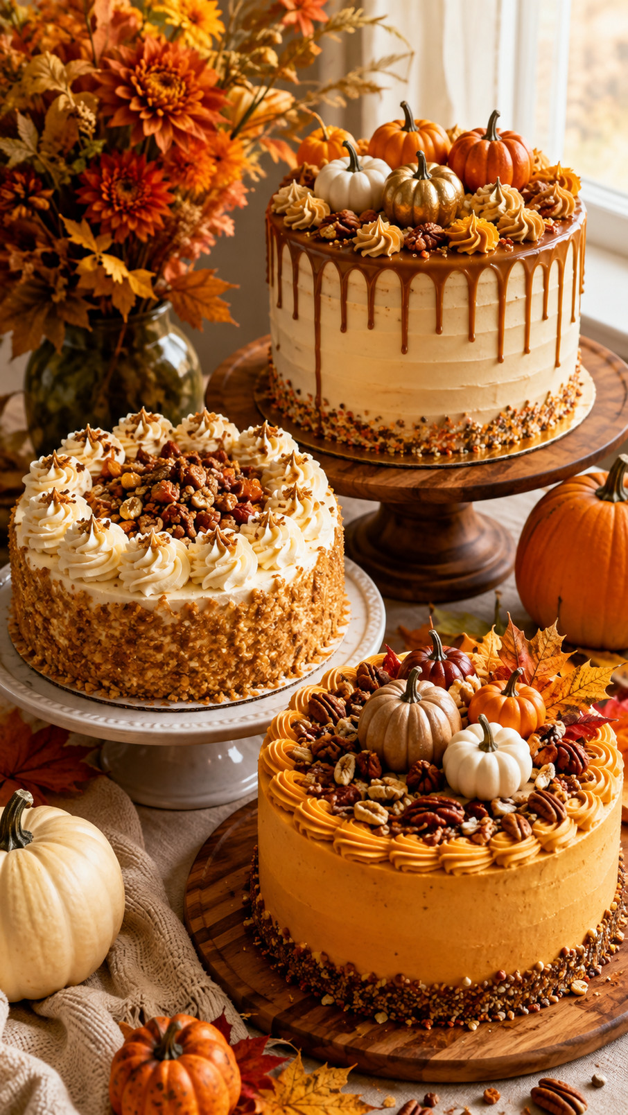 A rustic pecan harvest cake with caramel frosting and autumn leaves displayed on a Thanksgiving dessert table.