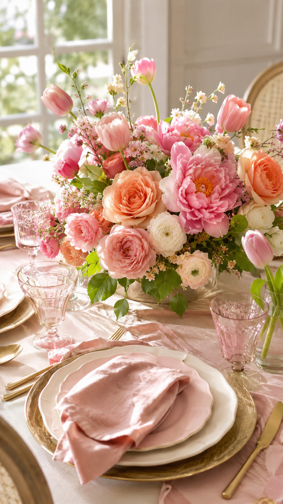A Mother's Day tablescape featuring blush peony bud vases, pink flowers, and glowing glass votives on a spring dining table.