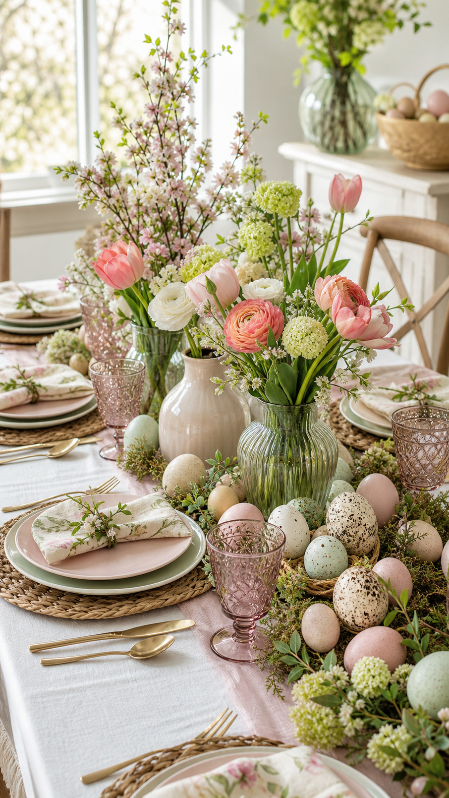 A close-up photo of a blush, coral, and ivory peony napkin fold on an Easter tablescape with pastel plates, glassware, and spring flowers.