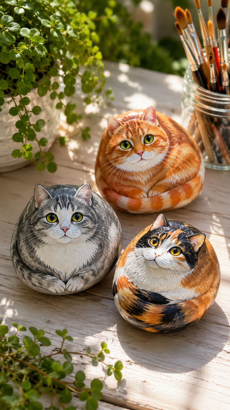 A painted river rock featuring a fluffy Persian cat with a creamy coat and amber eyes.