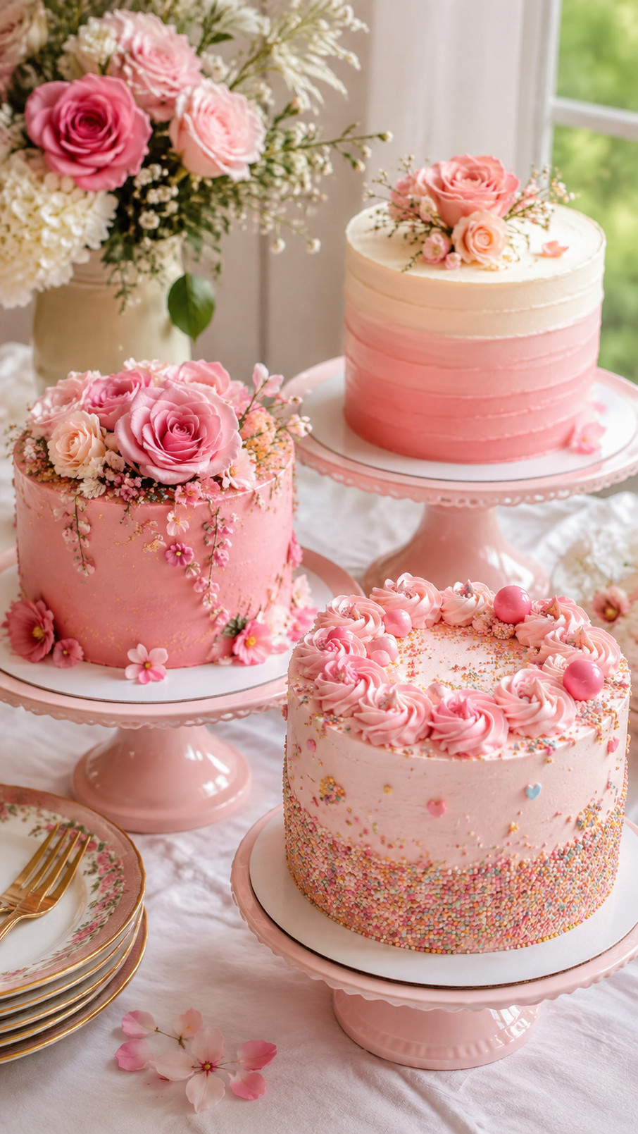 A pink champagne cake with blush layers, silky buttercream, sugar pearls, and rosy decorations on a celebration dessert table.