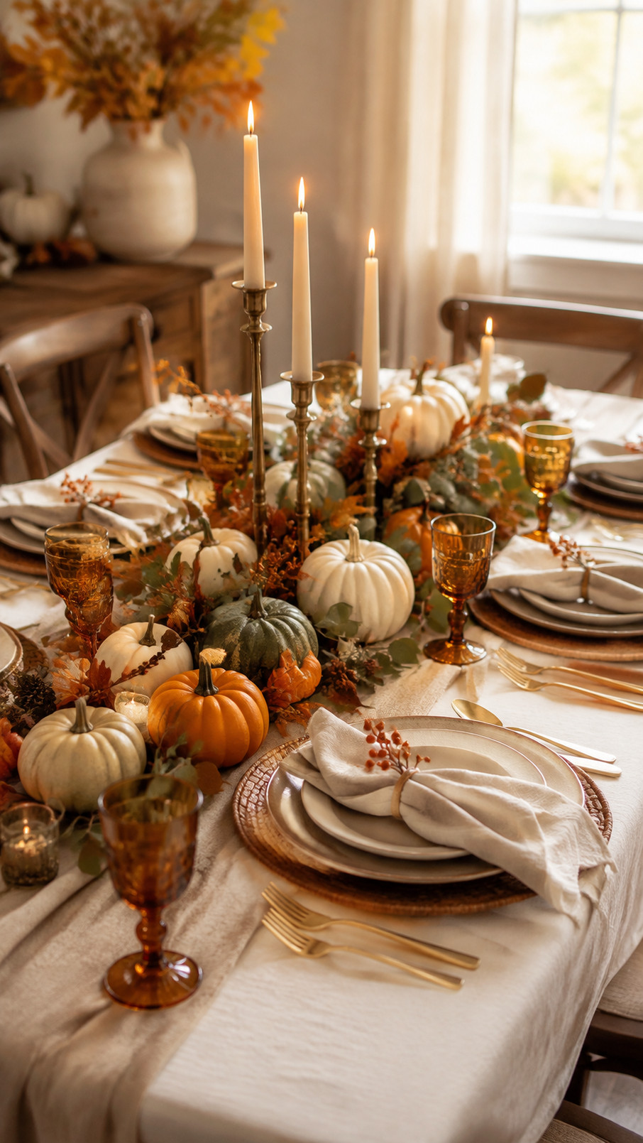 Thanksgiving table featuring ruby pomegranates at elegant place settings with cream linens and warm metallic accents.
