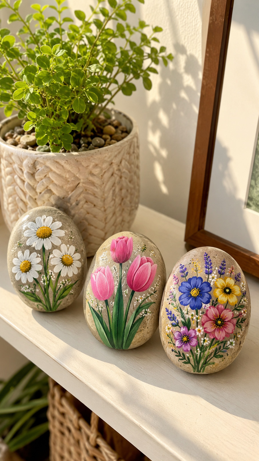 A smooth painted rock featuring vivid red poppy petals and dark centers on a bright floral design.
