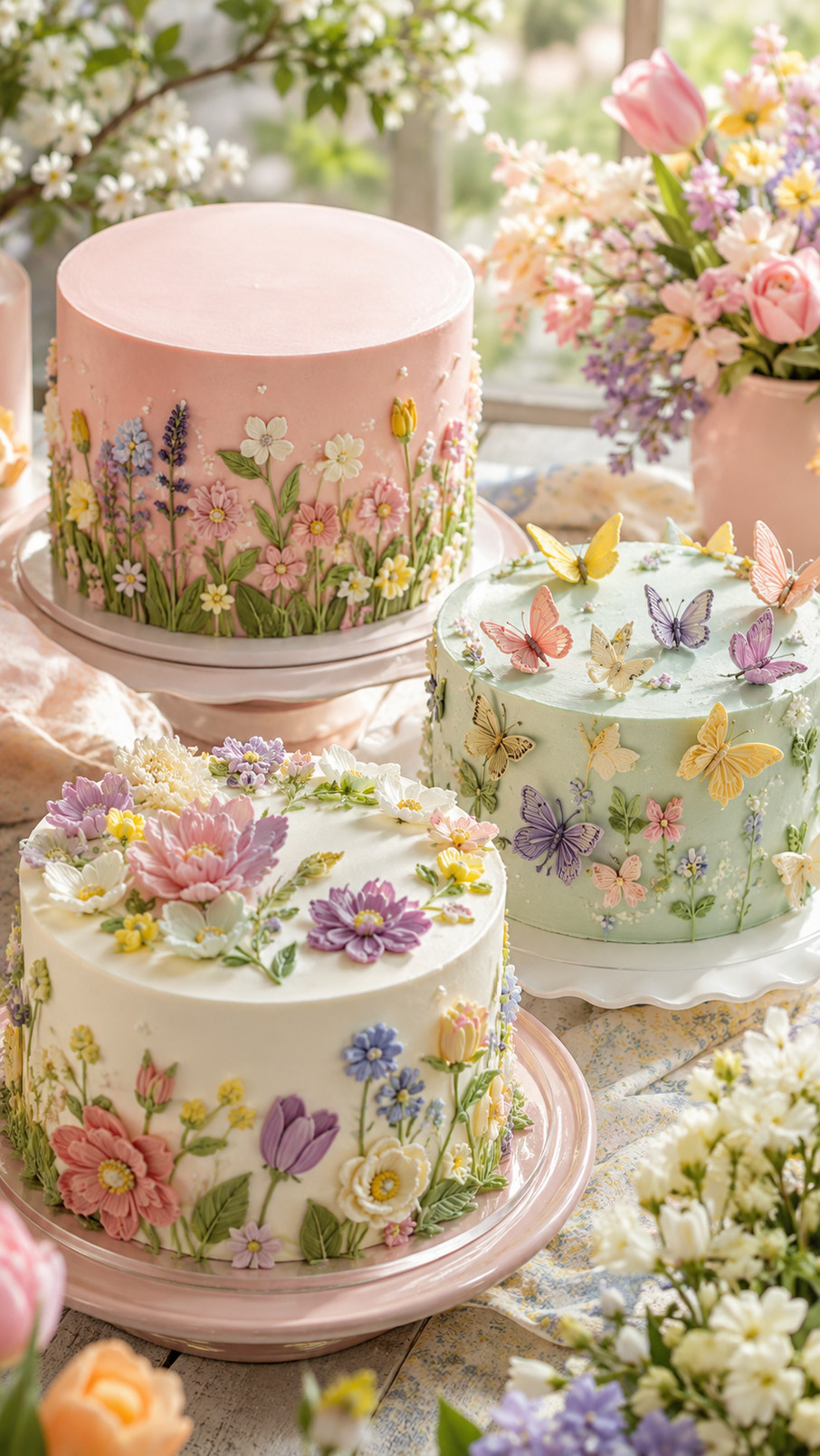 A spring cake decorated with vibrant coral poppy flowers, yellow centers, and soft green leaves on a light buttercream cake.