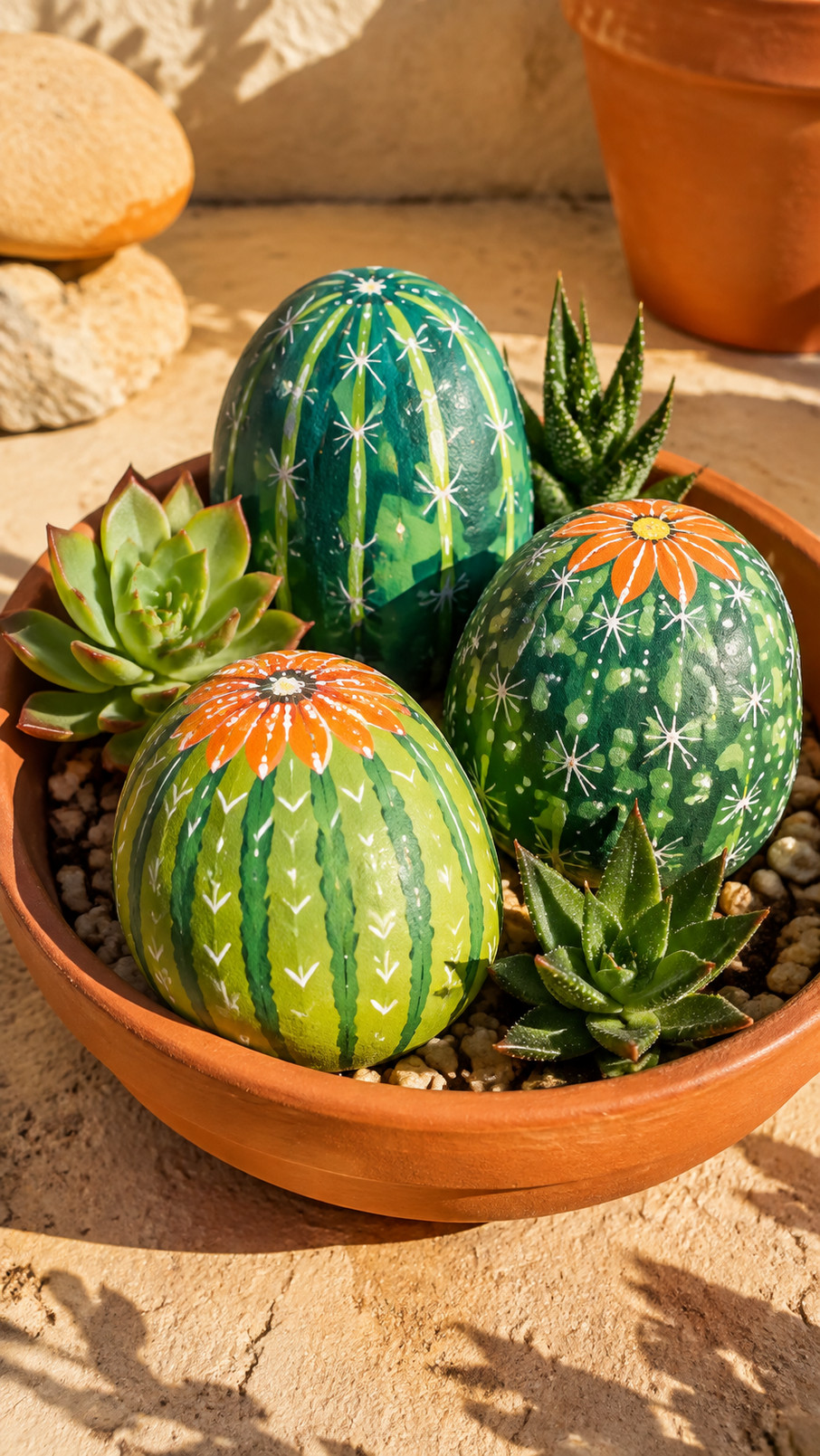 A hand-painted rock featuring a green prickly pear cactus with pink fruit on a terracotta background.