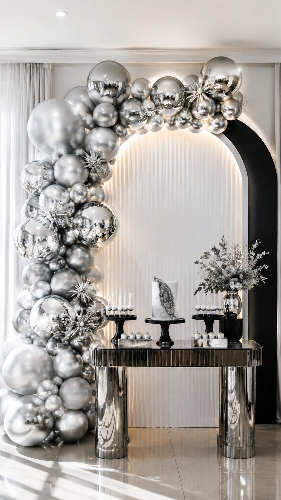 Photo of a futuristic silver balloon arch with icy blue balloons, reflective prism accents, and a glowing halo-inspired design.