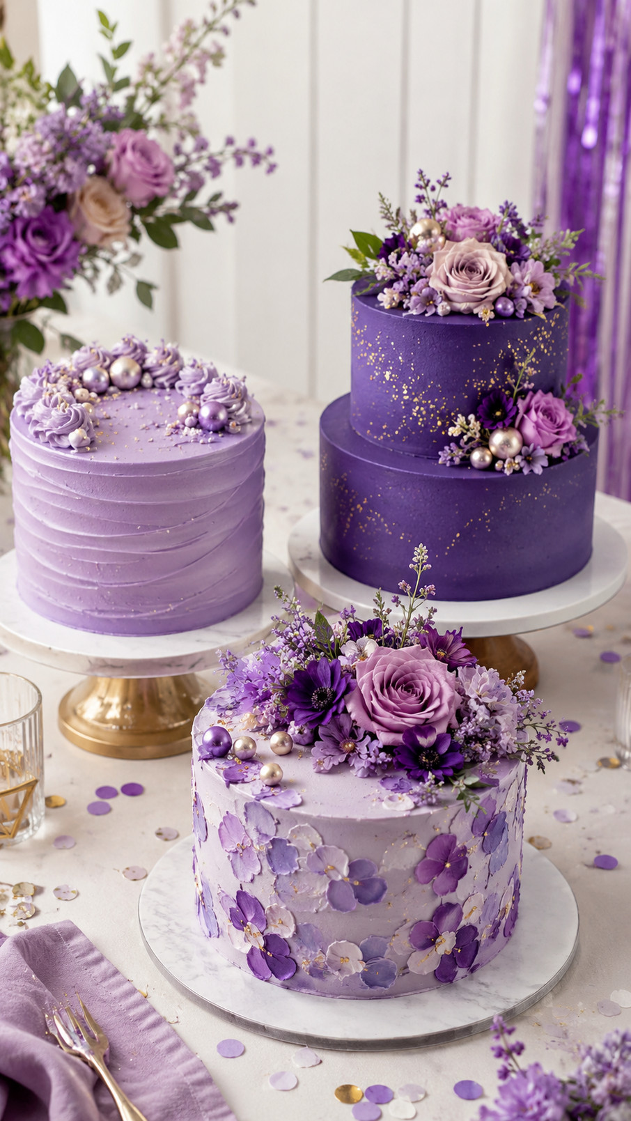 A purple pansy cake with lavender buttercream, layered vanilla sponge, and delicate pansy-shaped sugar flowers displayed on a celebration dessert table.