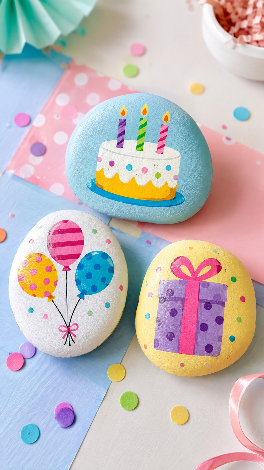 A rainbow confetti birthday painted rock covered with colorful dots and curling streamers beside a wrapped gift.