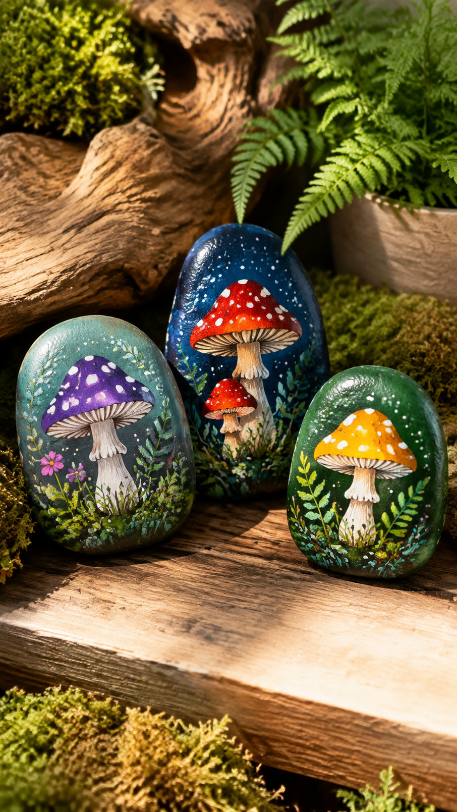 Painted mushroom rocks with colorful rainbow dots on creamy caps and rosy stems arranged as whimsical woodland decor.