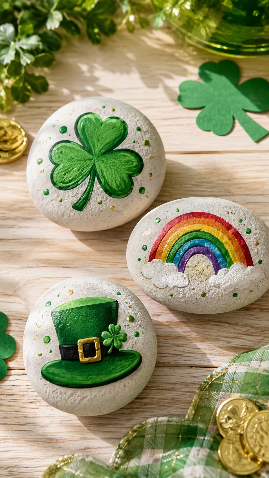 A painted rock featuring a colorful rainbow-striped shamrock design for St. Patrick’s Day.