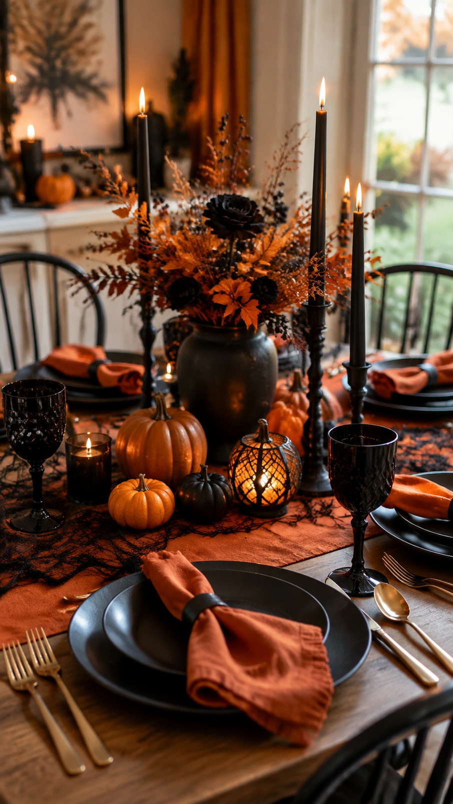Black raven figurines decorate an orange-and-black Halloween tablescape with glowing candles, autumn leaves, and dark glassware.