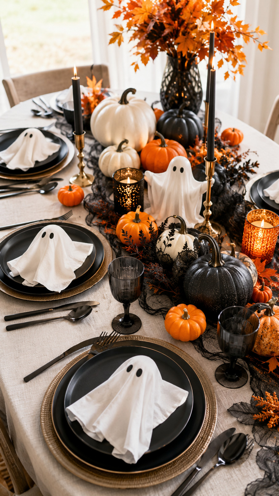 A black raven-patterned table runner stretches across a Halloween table decorated with pumpkins and glowing candles.