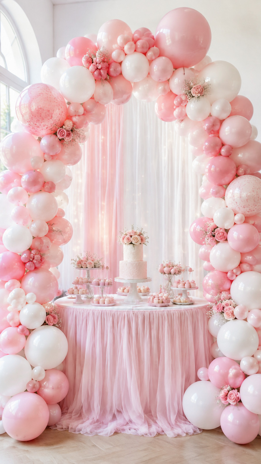 Pink and white balloon arch decorated with shimmering rose gold accents for an elegant party backdrop.