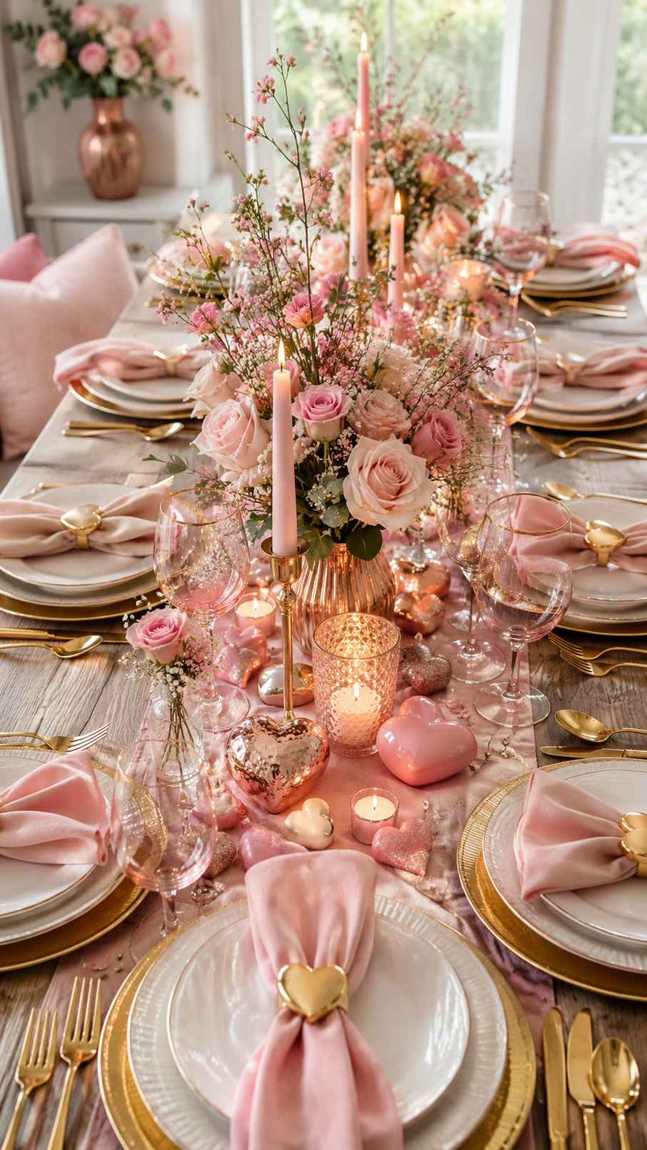 Rose gold flatware arranged on a pink and gold Valentine's Day dinner table.