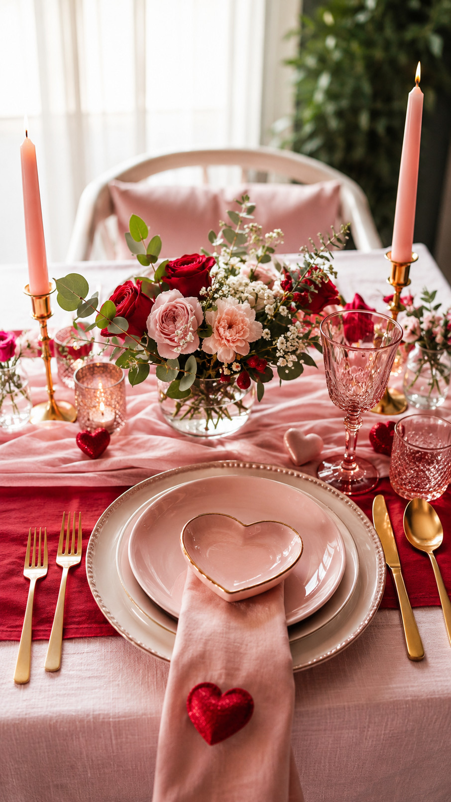 Red rose petals scattered across a romantic Valentine's Day tablescape beside elegant place settings and glowing candles.