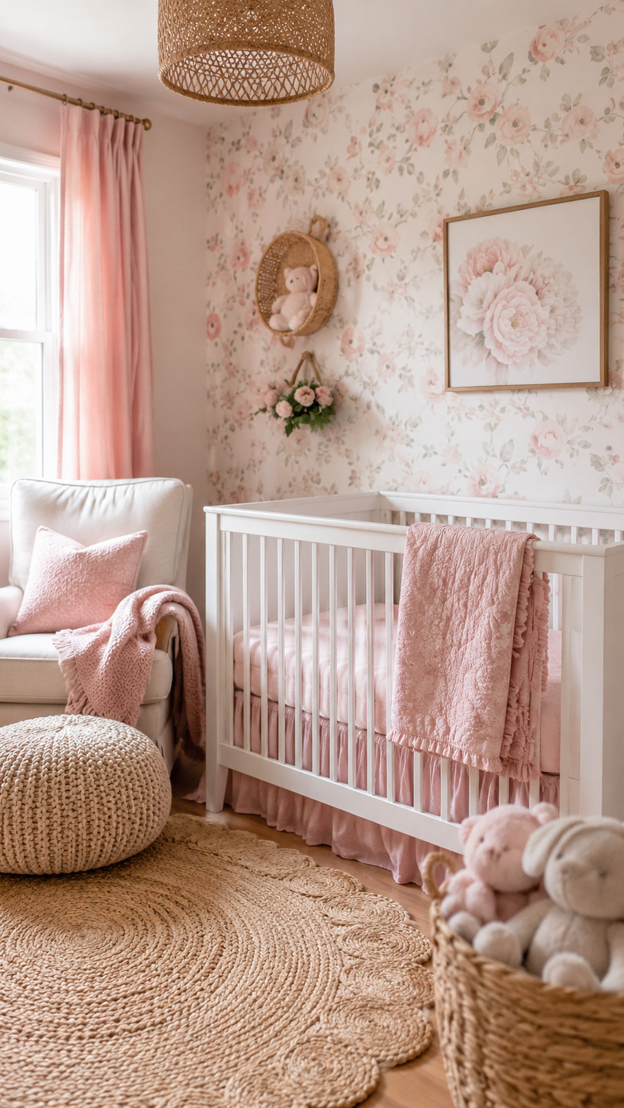 A rose pink bassinet with soft bedding sits in a cozy baby girl nursery.