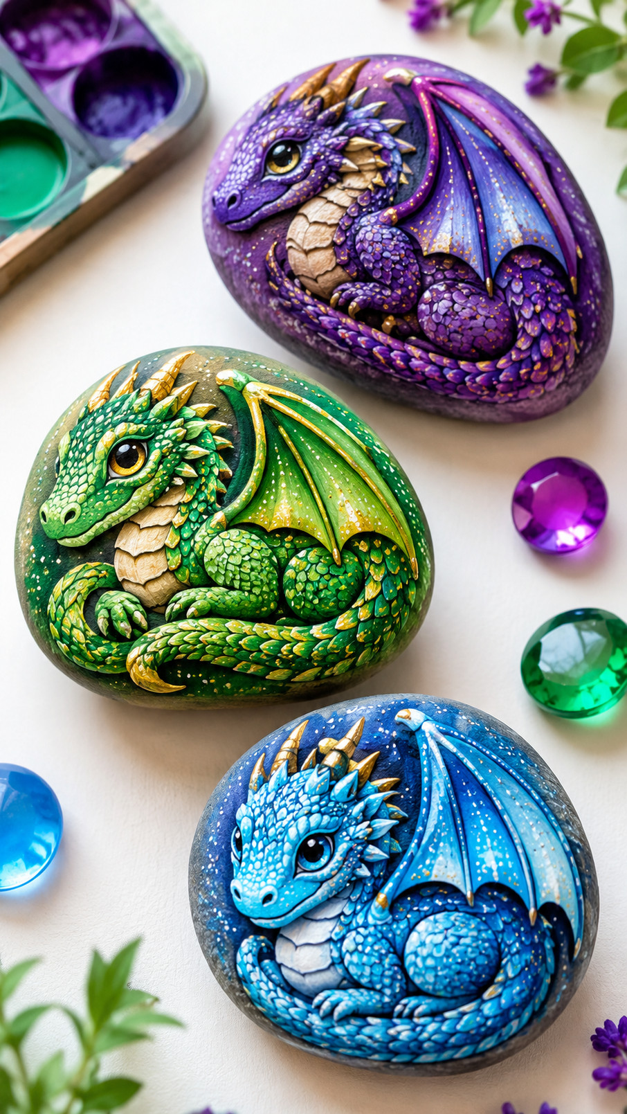 A painted rock featuring a rose quartz dragon with blush-pink scales, pearly wings, lavender horns, and a whimsical fantasy design.
