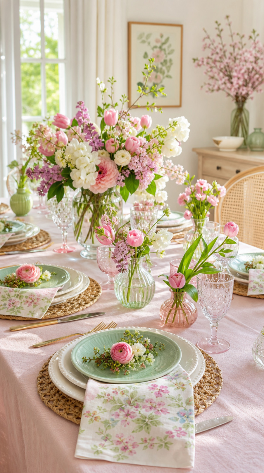 Rosebud votive holders with pink floral details and glowing candles decorating a spring tablescape.