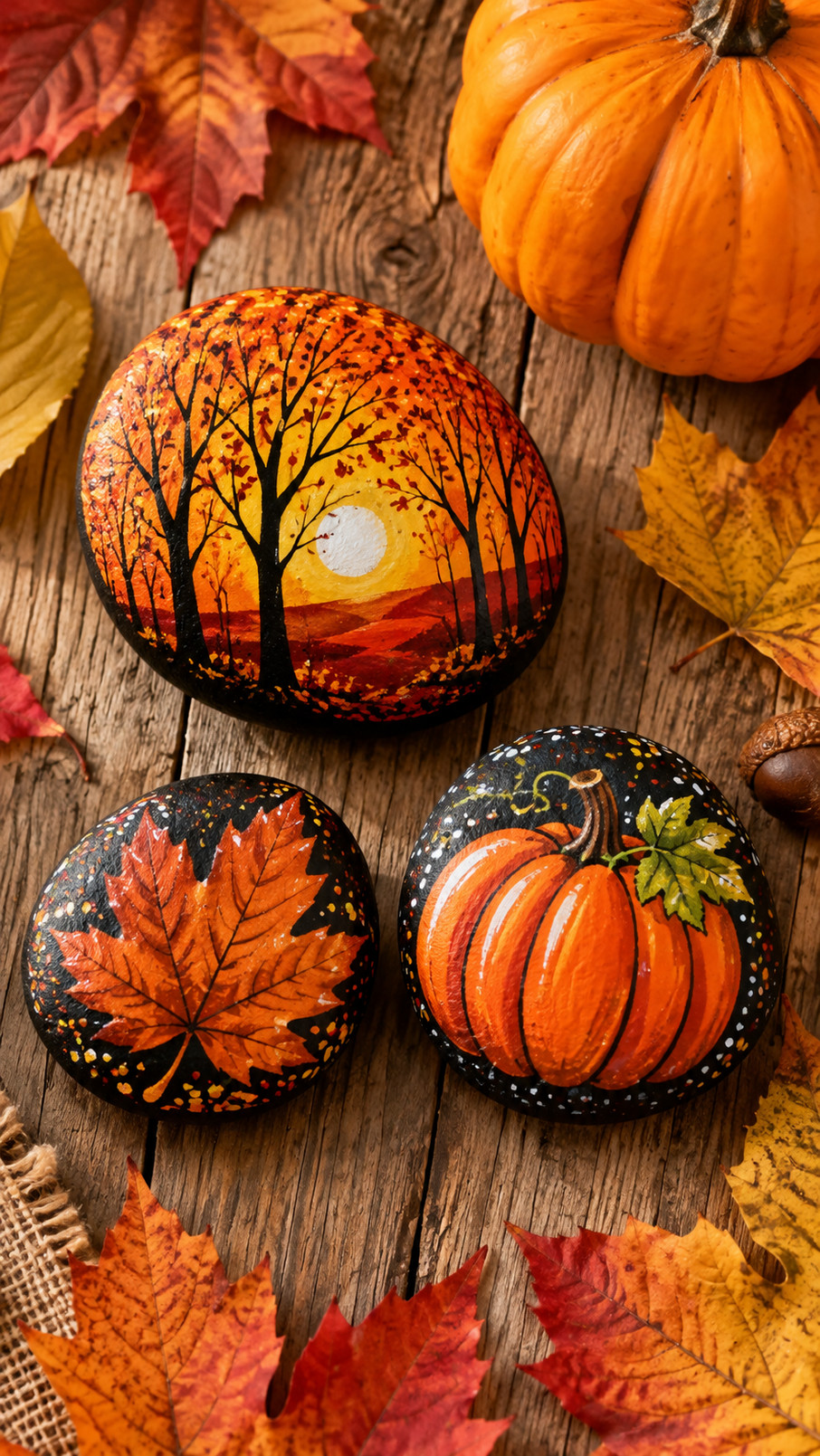 A hand-painted autumn rock featuring a russet fox portrait with amber eyes, acorns, and copper leaves on a warm seasonal background.