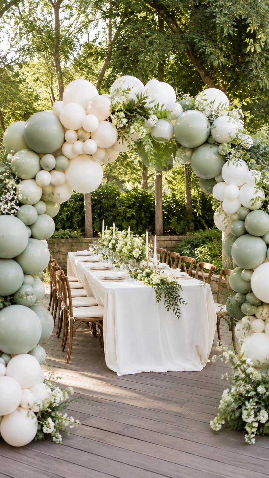 Sage green and white balloon arch with delicate white flowers arranged for an elegant garden celebration.