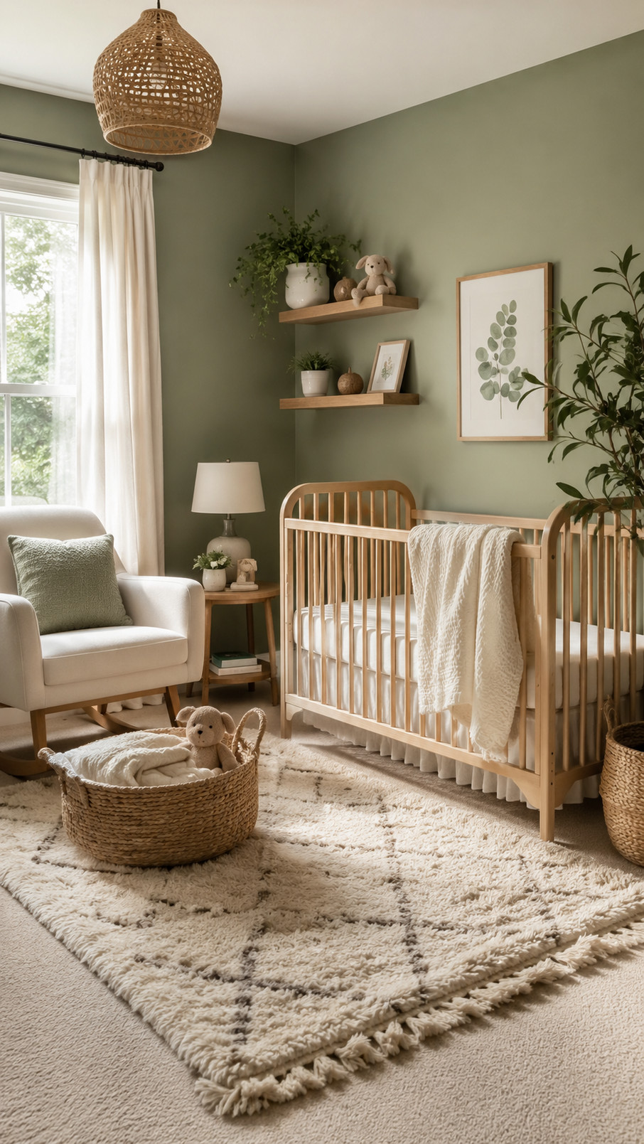 A sage green canopy hangs above a crib in a serene nursery with cream bedding and natural wood accents.