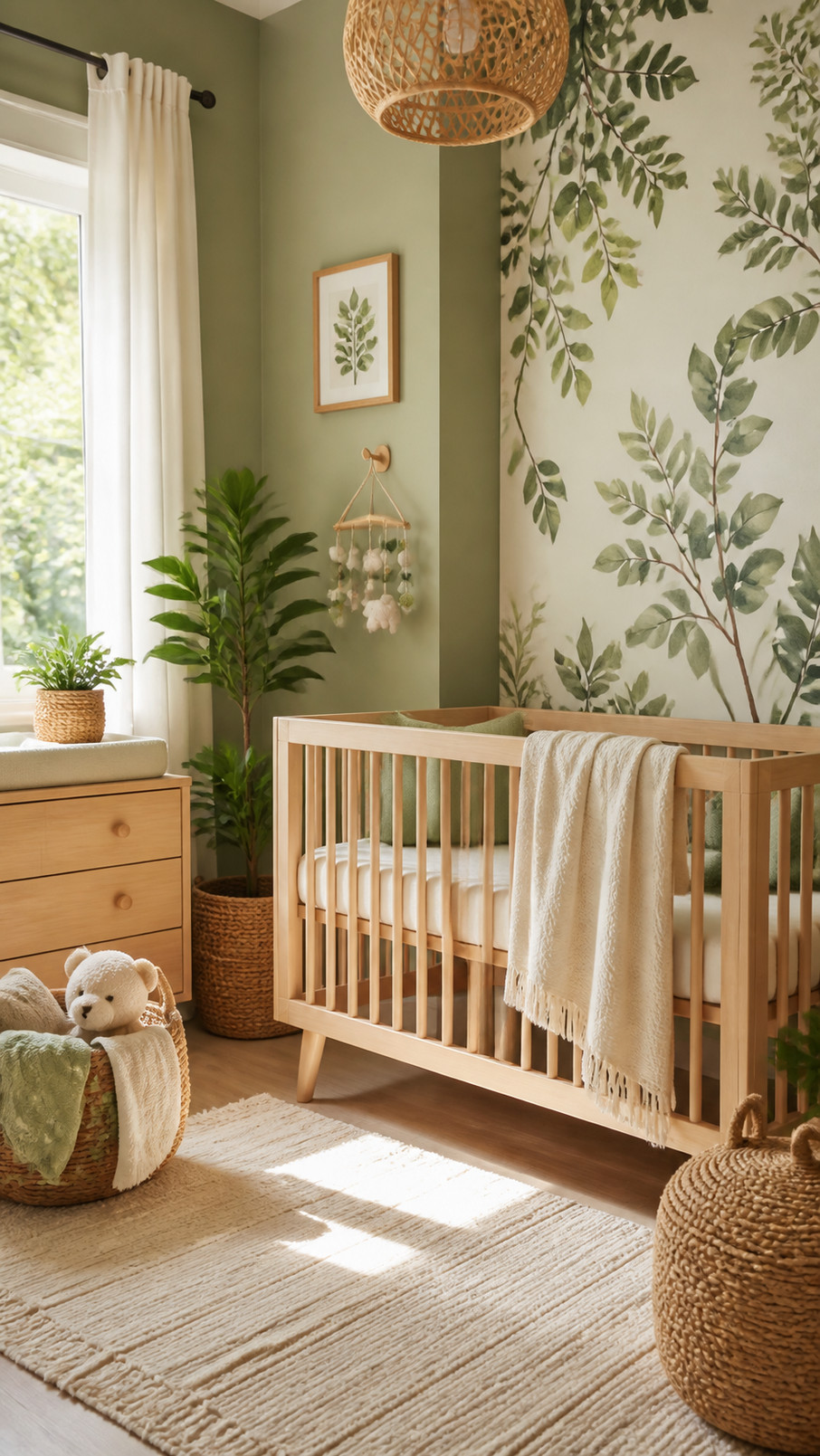Woven sage green storage baskets sit beside a crib in a calm nature-inspired nursery.
