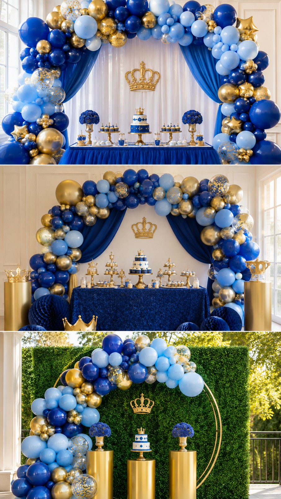 Sapphire blue and gold balloon arch with ivory accents arranged in a crown-inspired design for a royal-themed celebration.