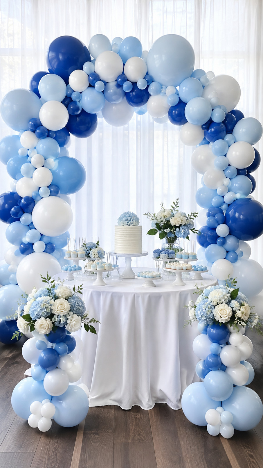 A sapphire blue, powder blue, and white balloon arch decorated with greenery and small white flowers for a garden-themed celebration.