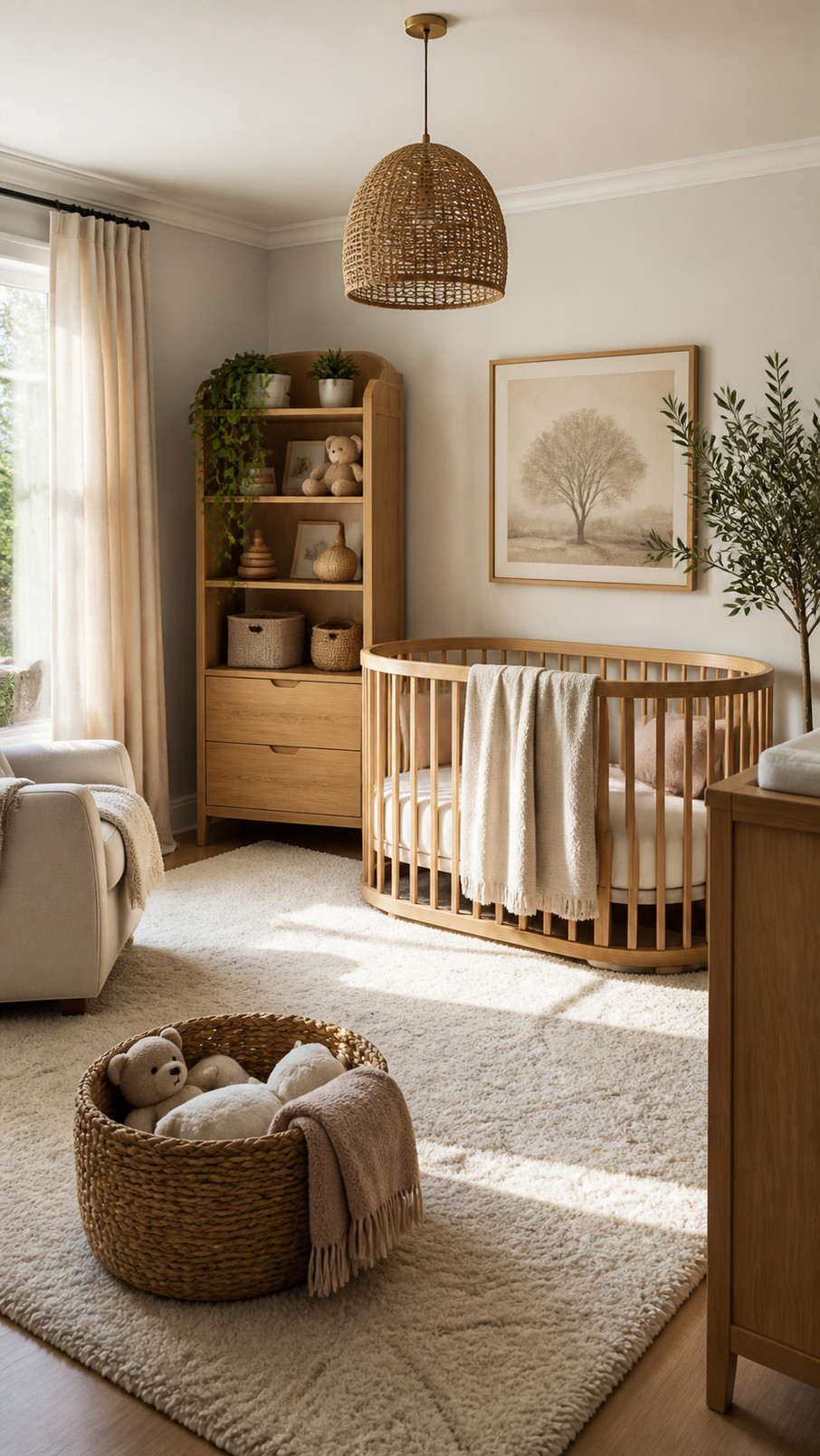 A sculptural pendant light hangs above a modern nursery, casting a warm glow over the crib and surrounding decor.