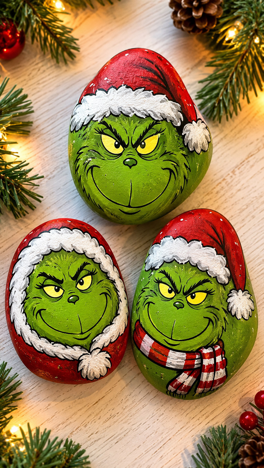 Painted rock featuring a cheerful green Grinch inside a snowy blue snow globe with white dots and festive holiday details.