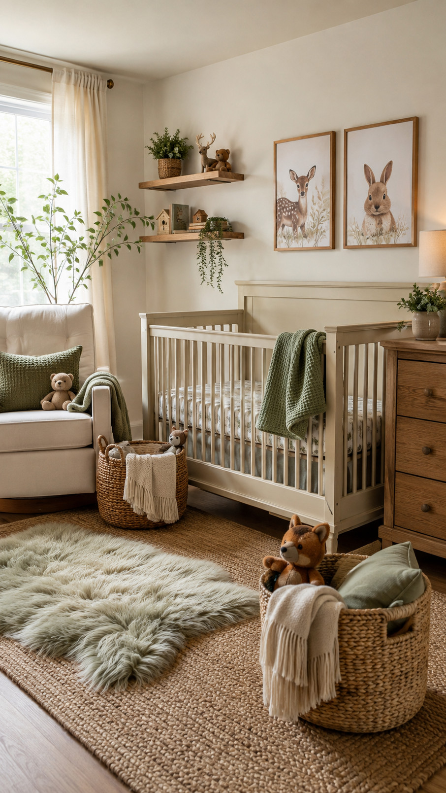 Soft neutral fabric canopy draped above a crib in a gender-neutral nursery with creamy beige and warm ivory decor.