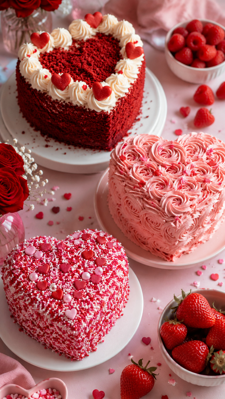 A heart-shaped strawberry bow cake with rosy pink frosting, a fondant bow, sugar pearls, and fresh strawberry slices.