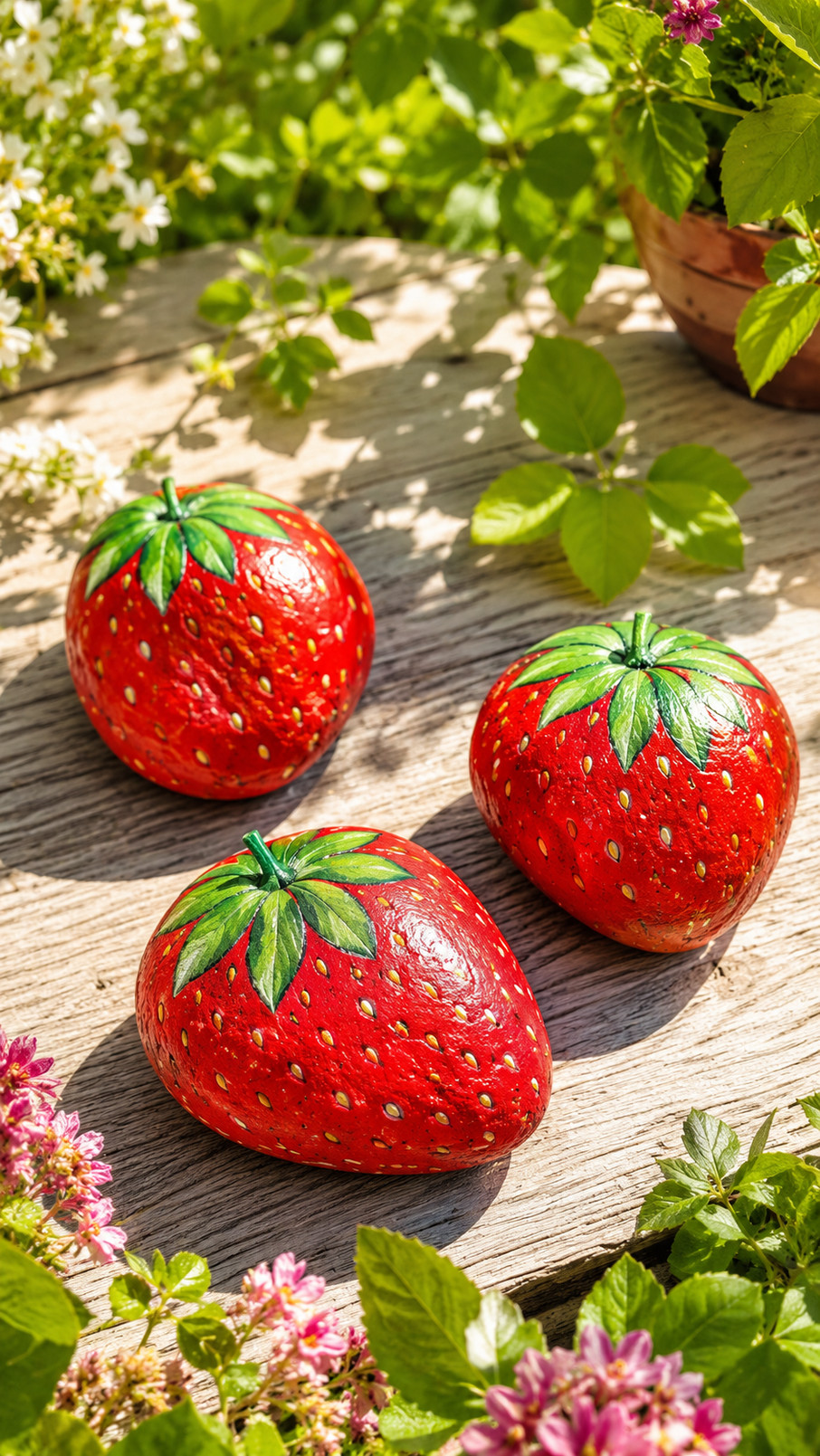 A cluster of strawberry-painted rocks with bright red berries, green leaves, and white seeds arranged among colorful garden flowers.