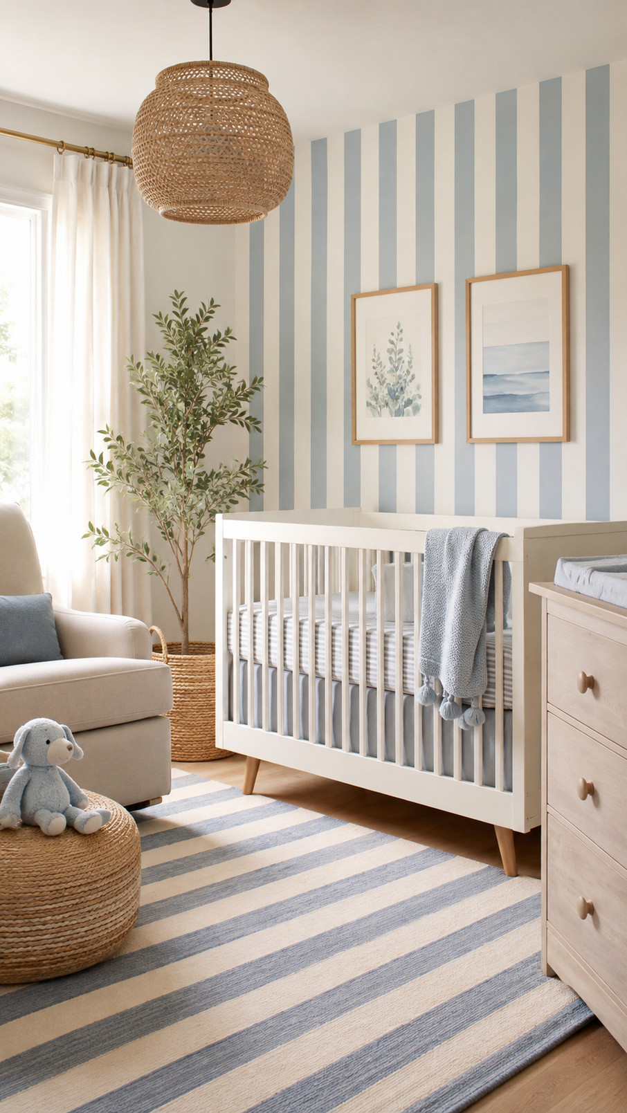 Nursery featuring a cream and muted terracotta striped wall arch behind a crib.