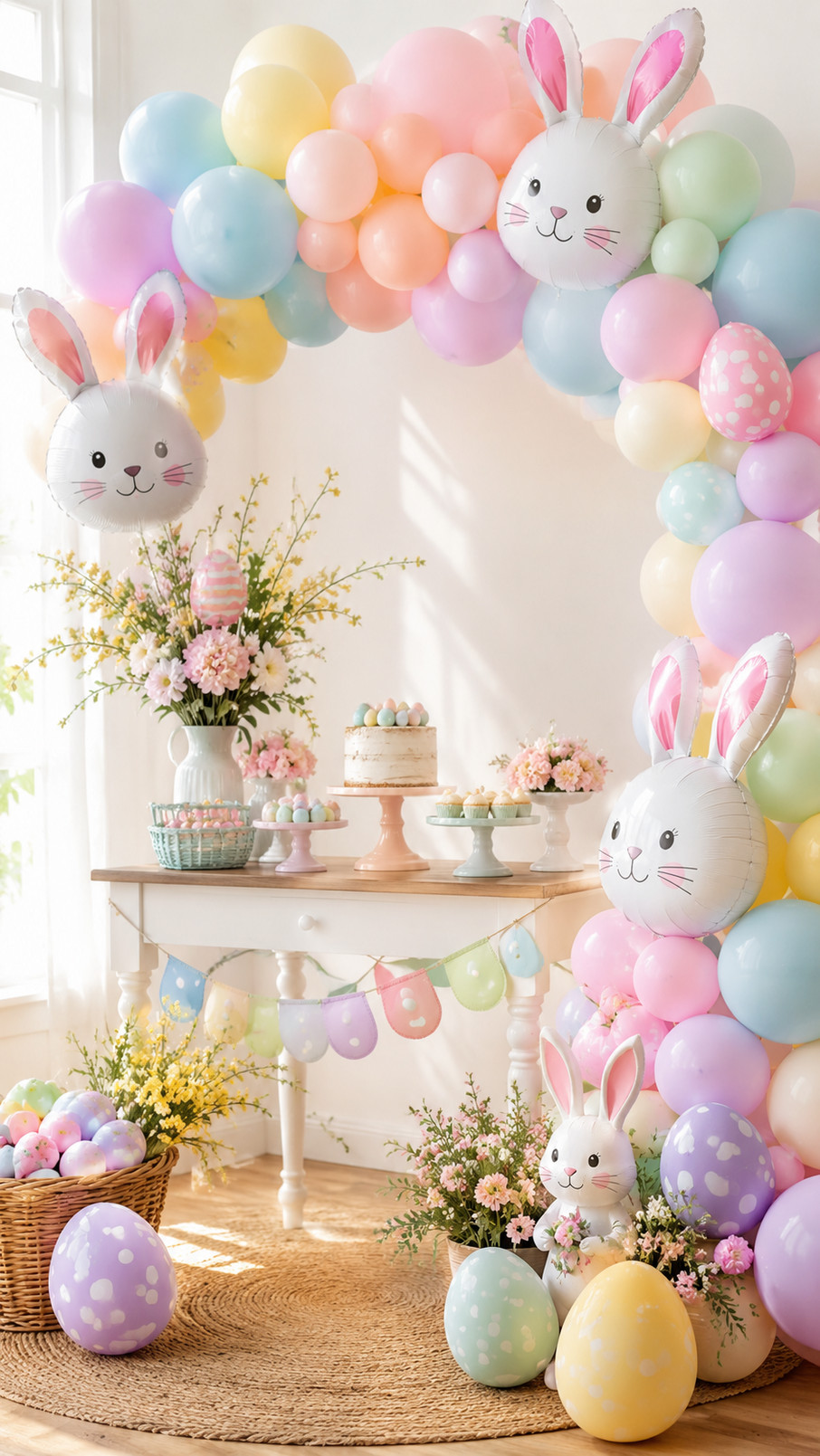 A sunrise rainbow Easter balloon arch featuring yellow, coral, mint, and sky-blue balloons in a cheerful spring arrangement.