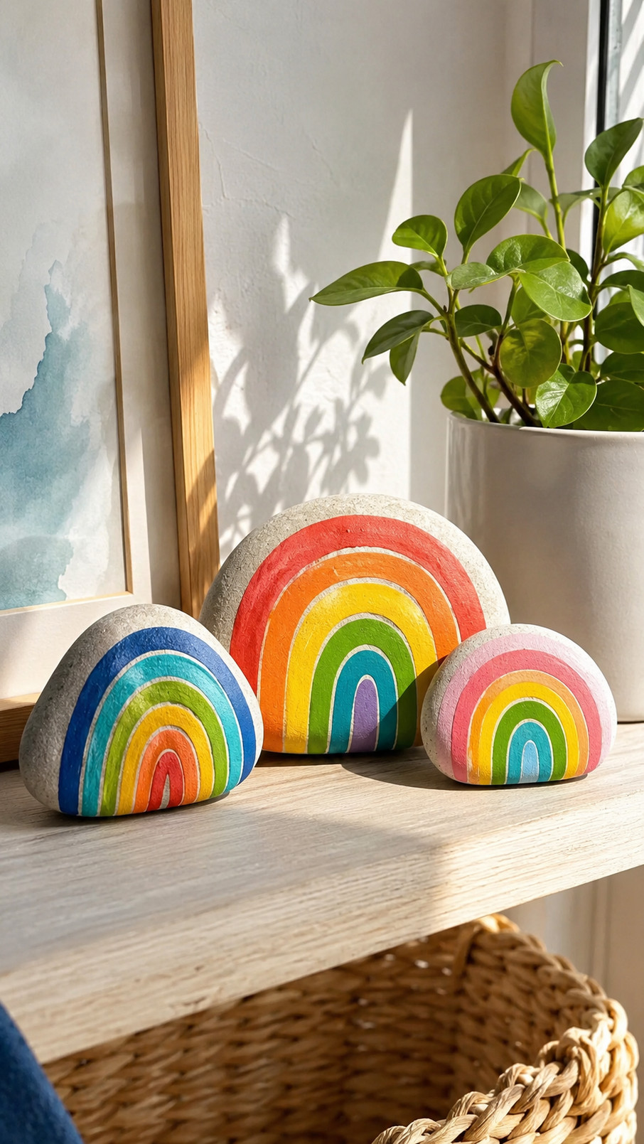 A collection of painted rocks featuring sunset-inspired rainbow bands in orange, pink, yellow, and violet.