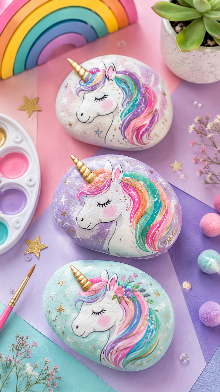 A painted rock featuring a smiling unicorn with a peachy-pink coat, turquoise mane, candy-colored horn, rosy cheeks, and gold flecks.