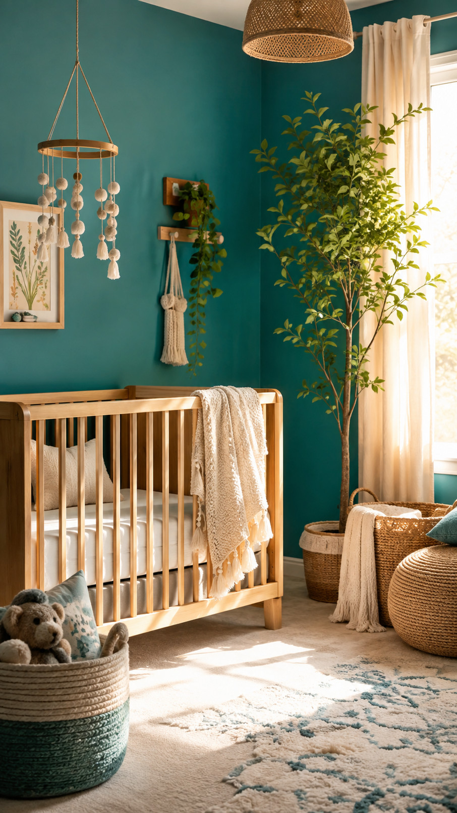 A teal cloud mobile hangs above a crib in a cozy nursery, surrounded by soft bedding and soothing teal decor.