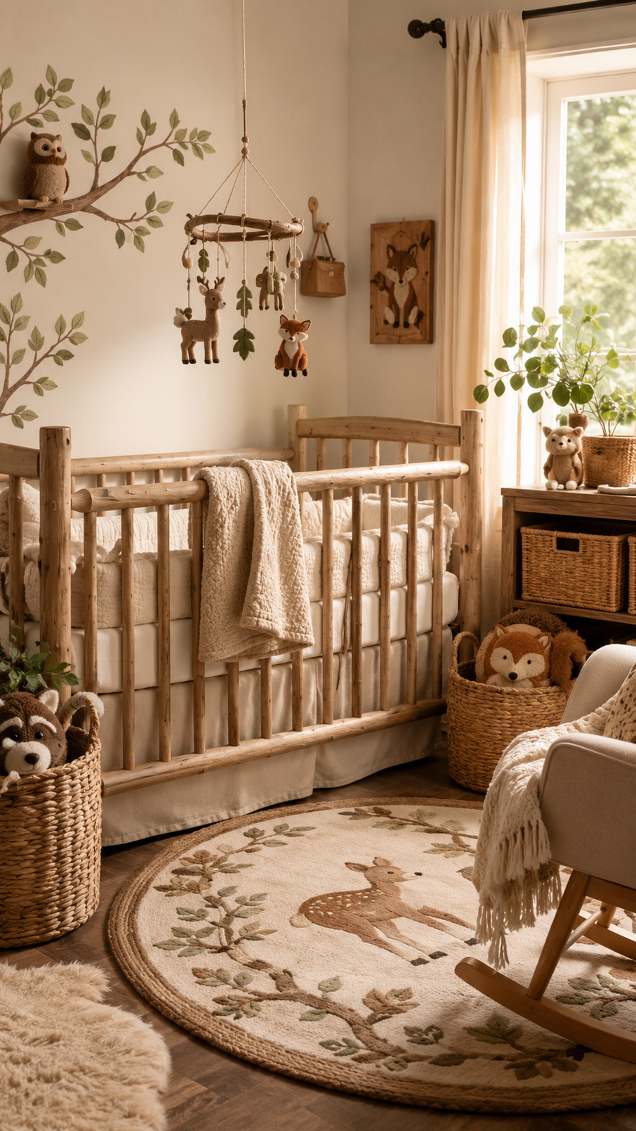 A natural tree stump side table with warm brown wood grain beside a rustic nursery chair.