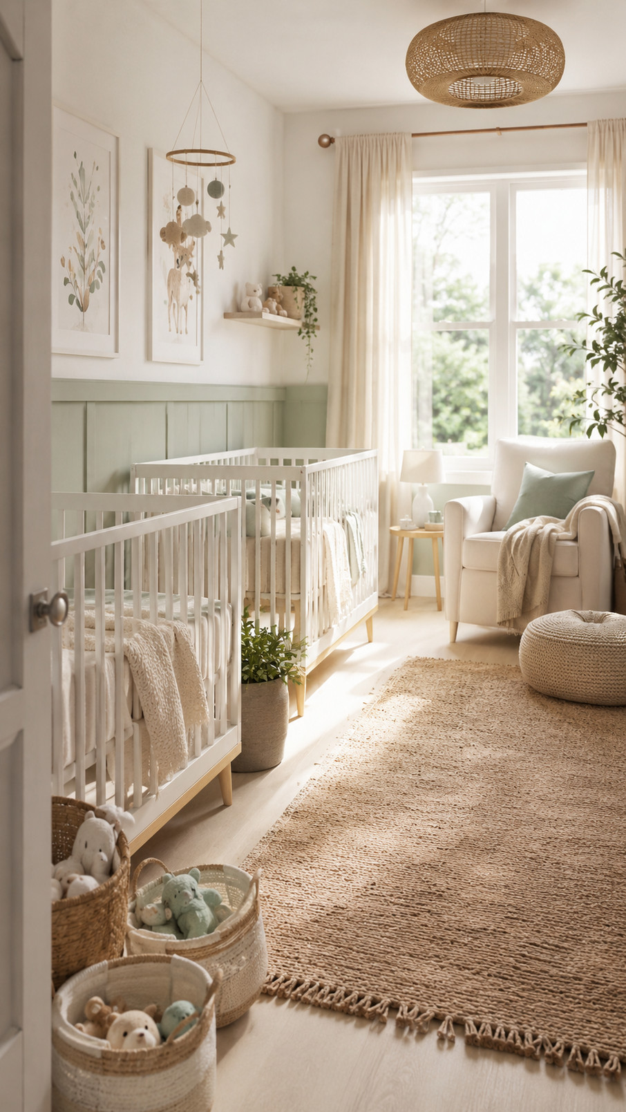 A twin nursery gallery wall displays framed animal prints, baby initials, and wooden accents above matching cribs.