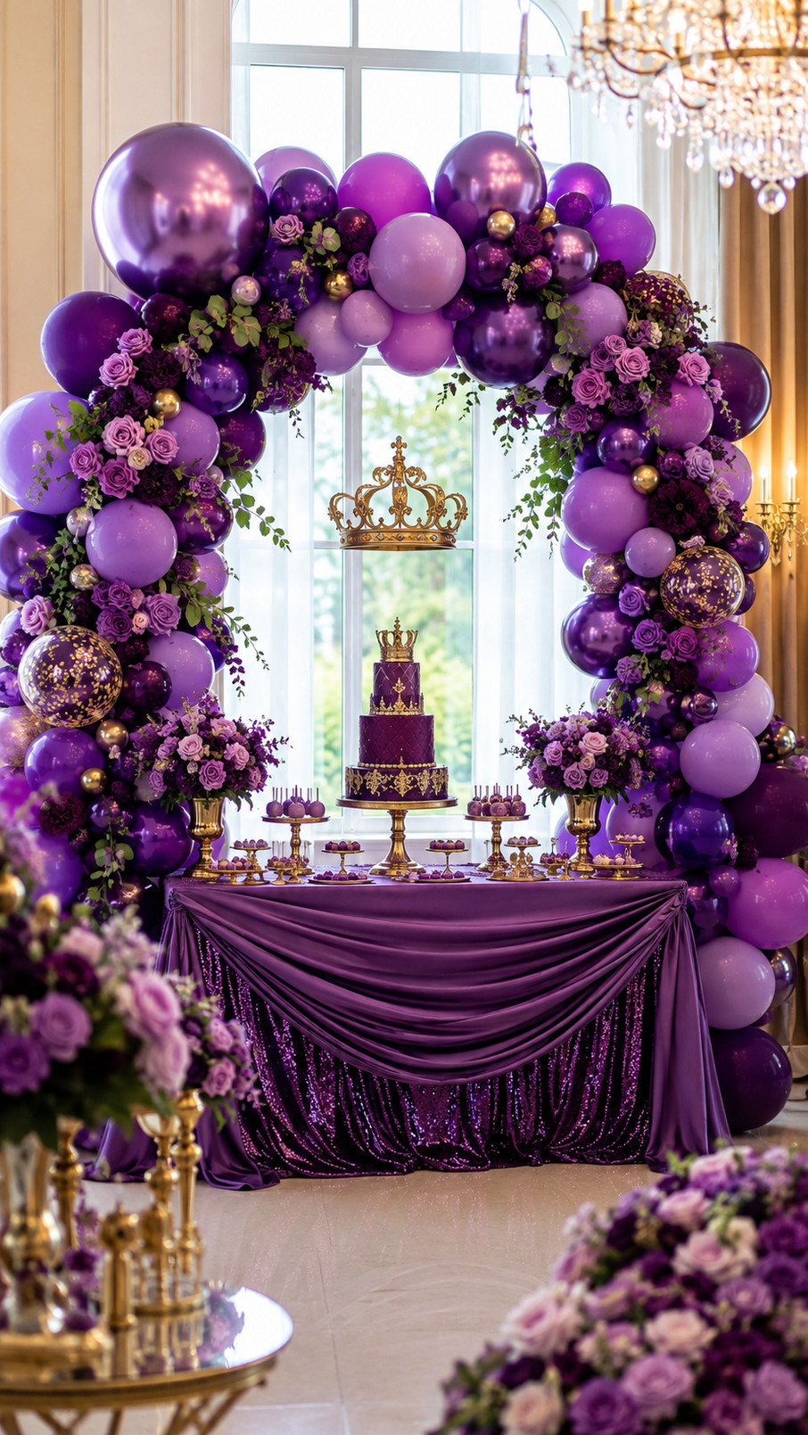 A velvet amethyst halo balloon arch with lavender and purple balloons, silver moon accents, baby’s breath, and satin ribbon.