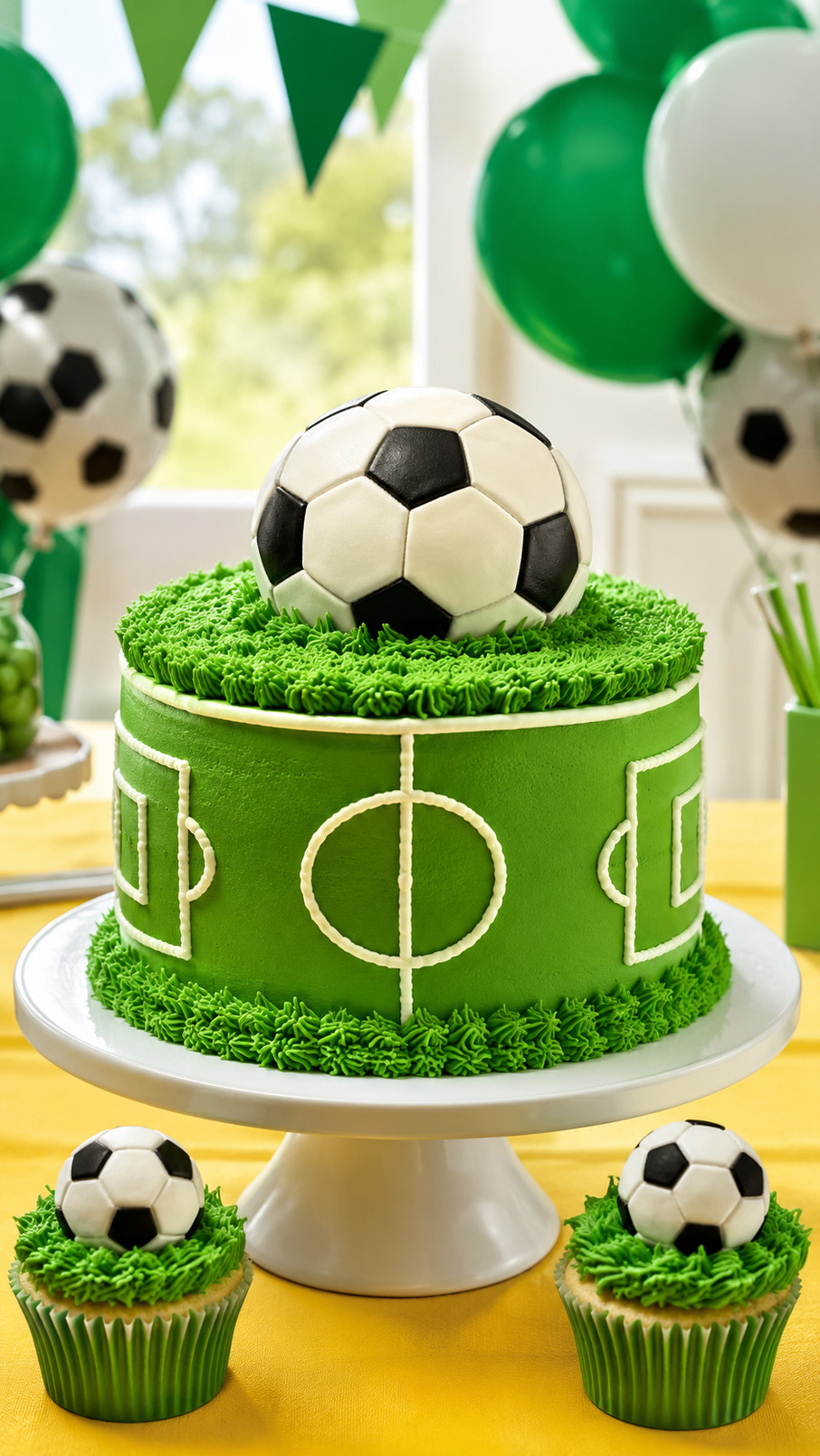 A soccer-themed victory trophy cake with gold fondant, green frosting grass, black-and-white soccer accents, and a colorful winner’s ribbon.