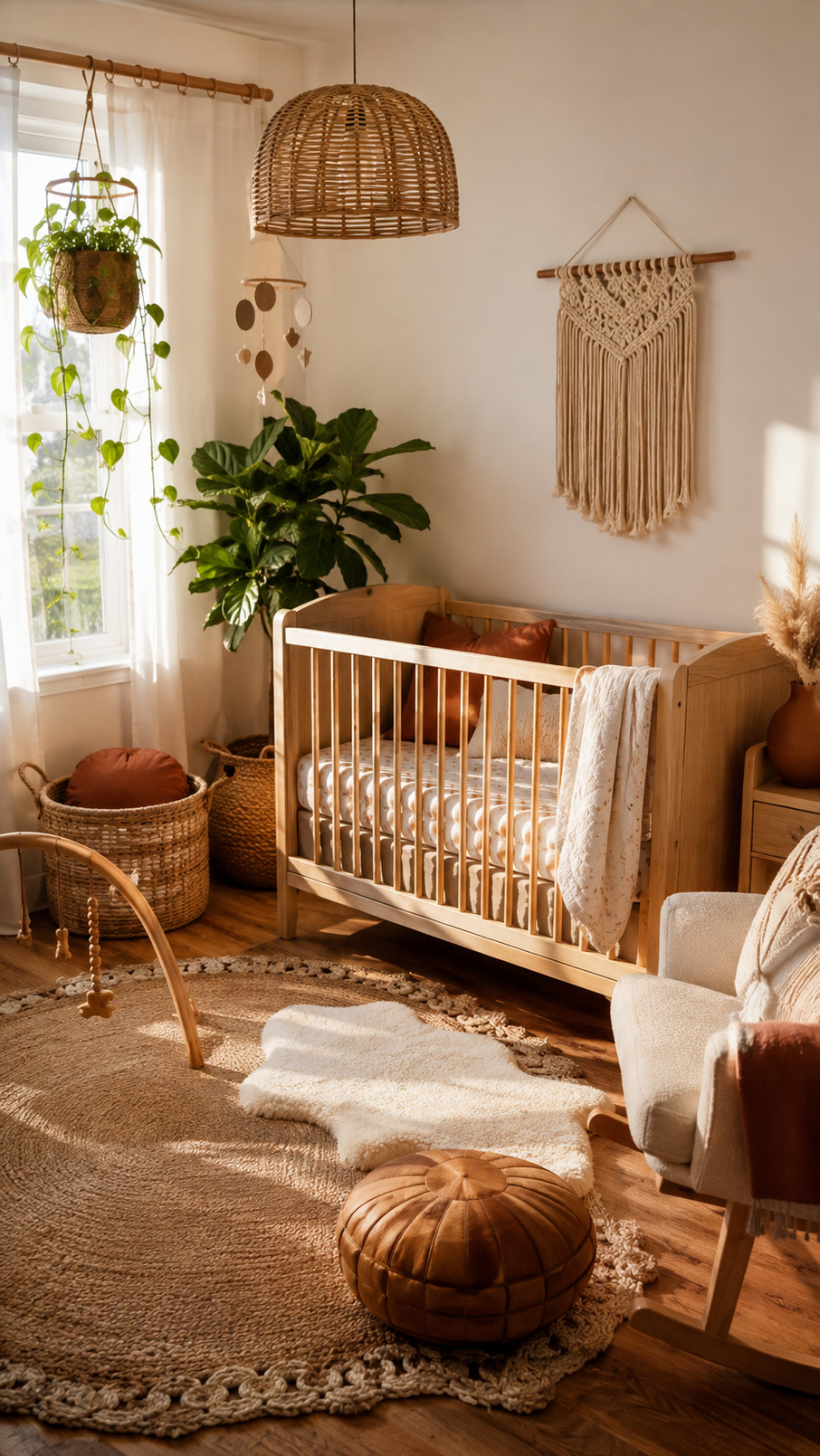 Vintage wooden dresser with a warm honey finish styled in a cozy boho nursery.