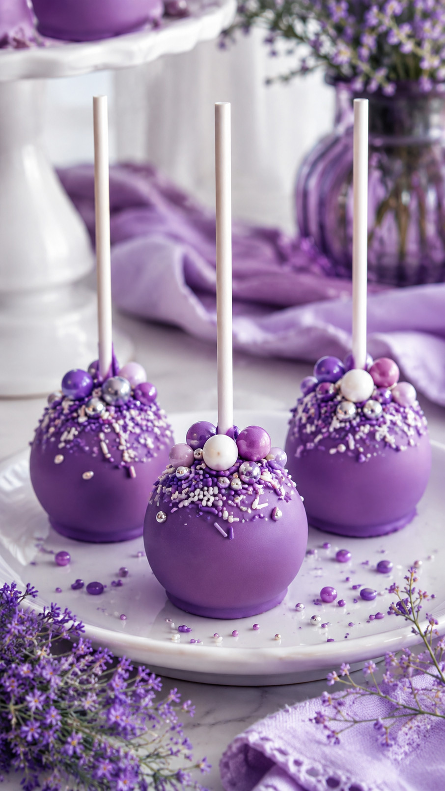 Violet purple cake pops with white drizzle and silver sugar pearls arranged on an elegant dessert table.