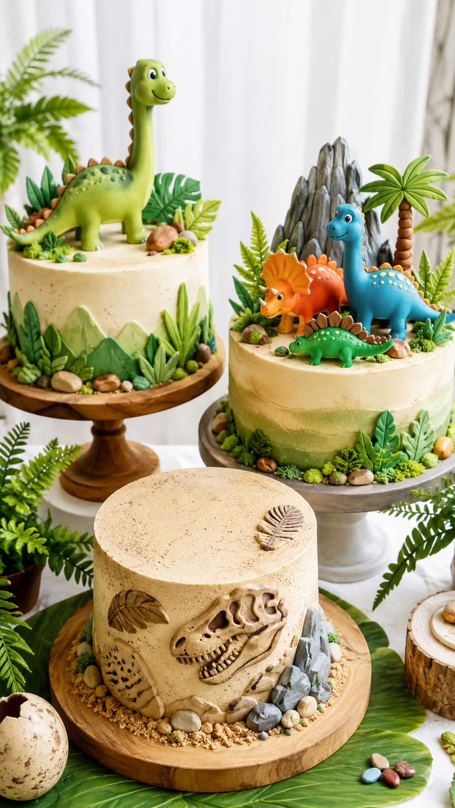 A chocolate volcano dinosaur cake decorated with red and orange fondant lava, tiny dinosaur figures, and edible rocks.
