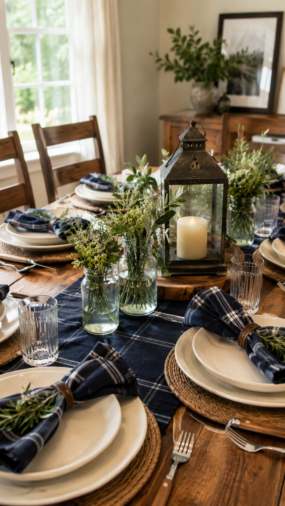 Rustic Father's Day tablescape with weathered wood chargers, creamy plates, forest-green napkins, and layered natural textures on a summer table.