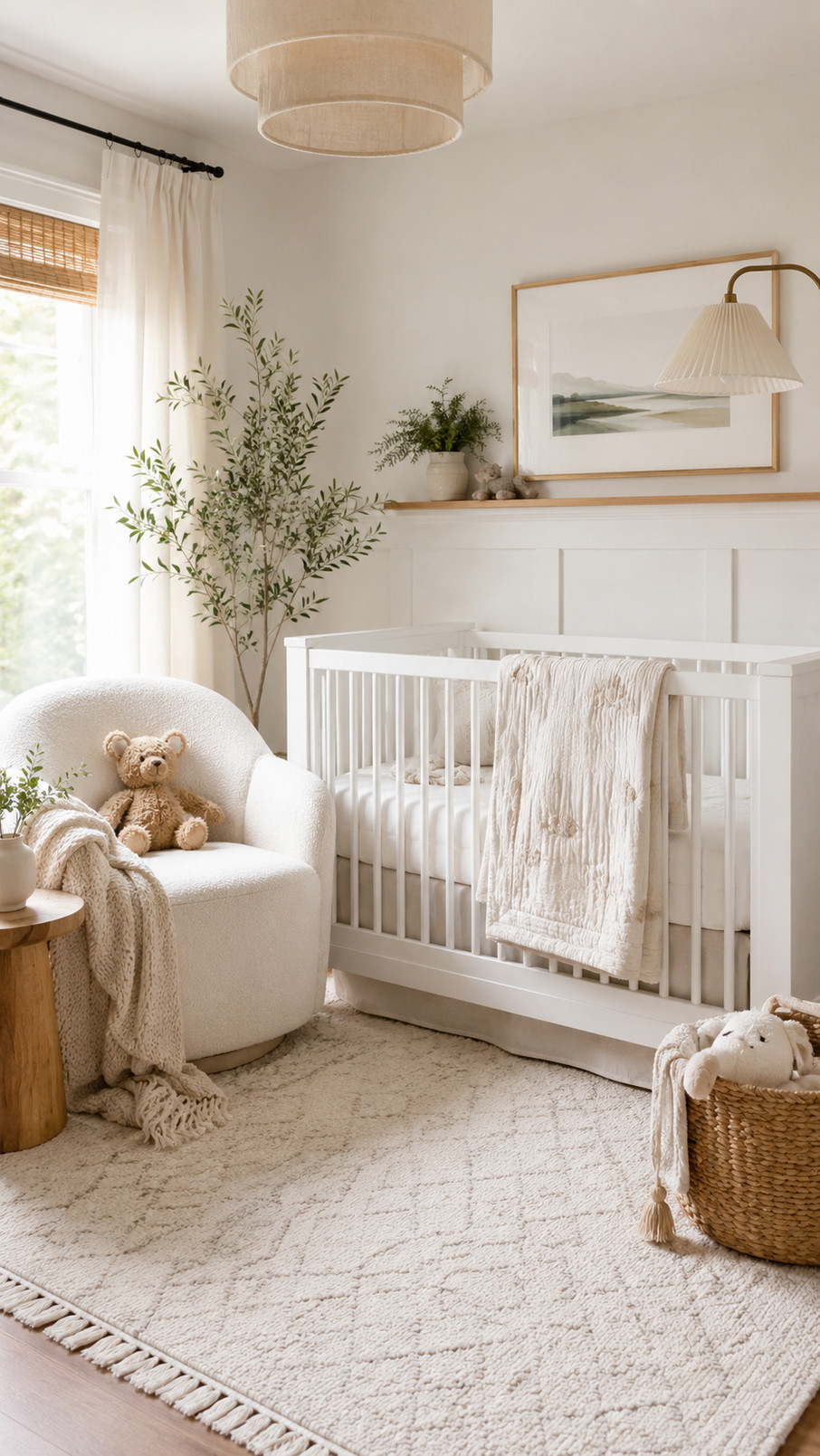 White canopy draped above a crib in a serene nursery with soft bedding and warm wood accents.