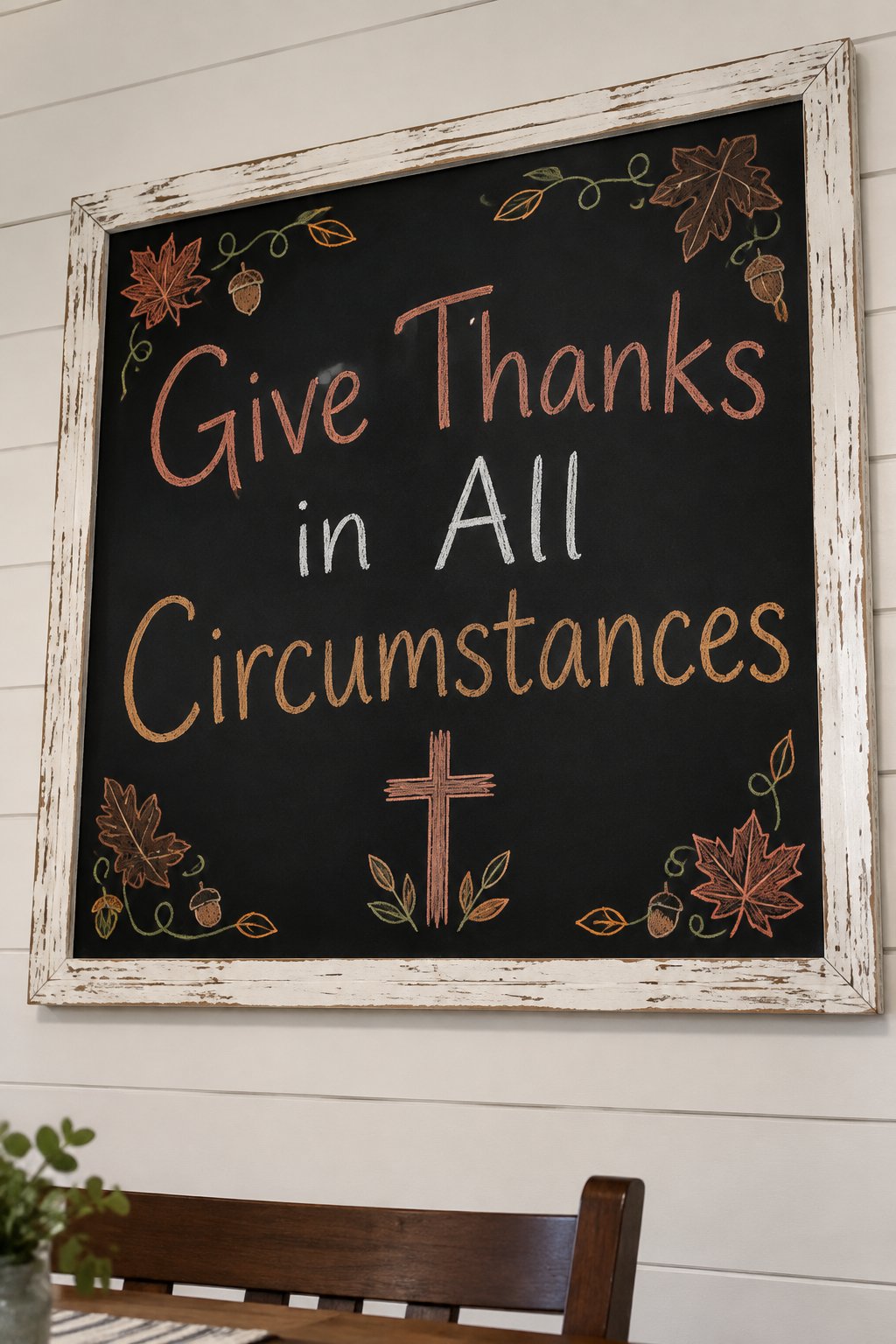 1 Thessalonians Board: a framed chalkboard sign showing "Give Thanks in All Circumstances", hand-drawn in fall chalk colors, with a simple cross with a few small leaves at its base.