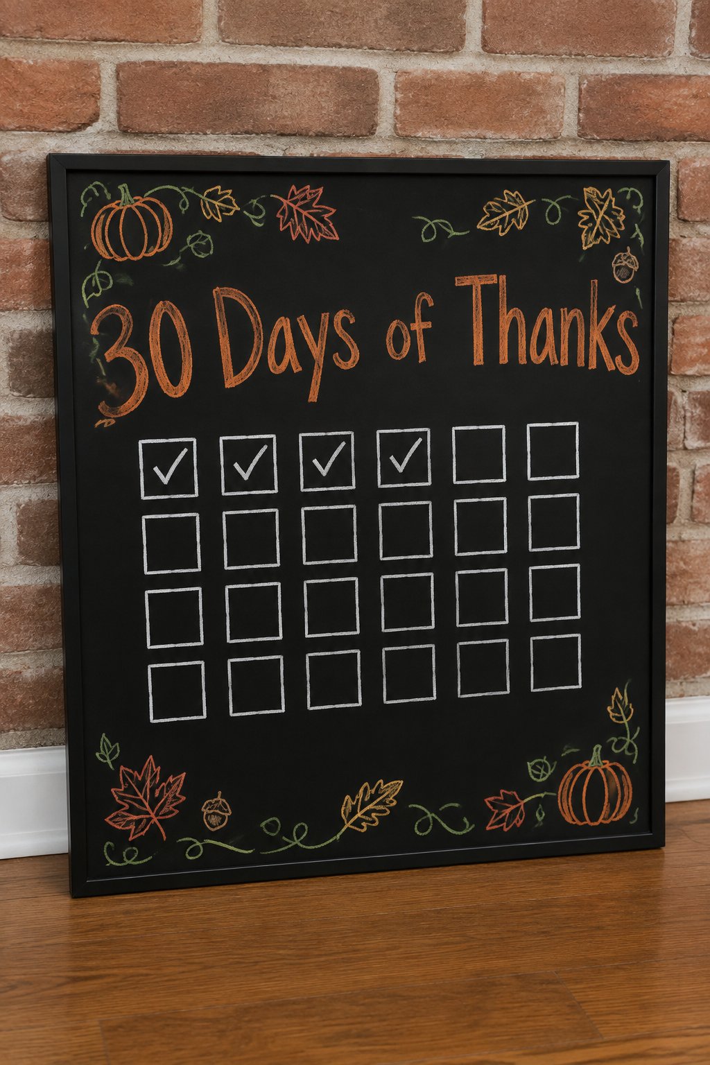 30 Days of Thanks: a framed Thanksgiving chalkboard sign reading "30 Days of Thanks", hand-drawn in chalk with a grid of 30 small squares with the first few checked.
